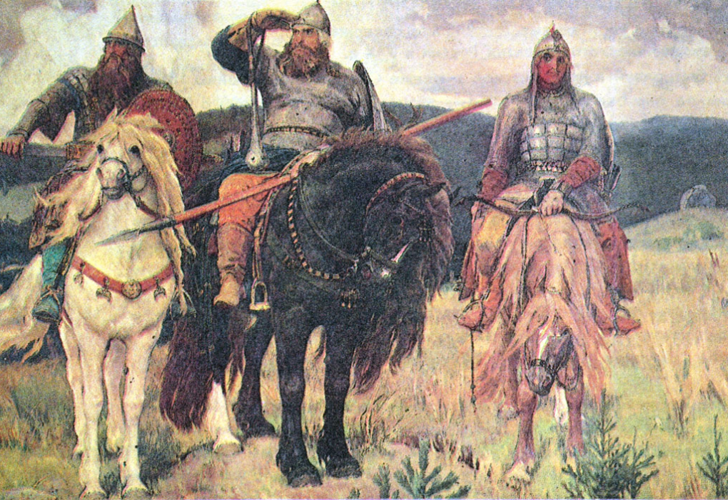 דובריניה ניקיטיץ', איליה מורומץ' ואליושה פופוביץ' מופיעים יחד בציור "הבוגאטירים" של ויקטור וסנצוב משנת 1898. ארכיון היסטוריה אוניברסלית.