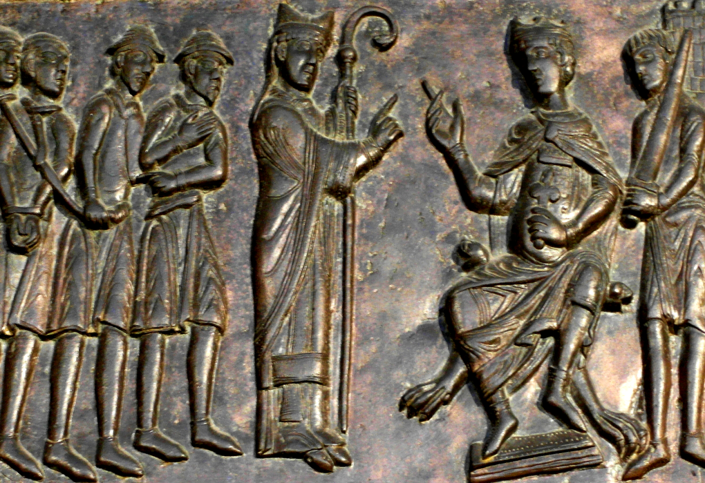 אדלברט מפראג מפציר בבולסלאוס השני, דוכס בוהמיה (אנ'), לשחרר עבדים נוצרים על ידי אדוניהם, סוחרים יהודים. דלת גנייזנו, שנת 1170 לערך. צילום: Maciej Szczepańczyk.