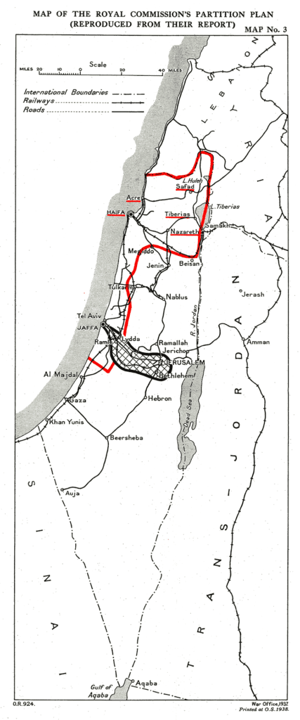 מפת "ועדת פיל", תכנית שתי המדינות המקורית. ממשלת בריטניה - דוח ועדת חלוקת פלשתינה 1938, עמוד 422.