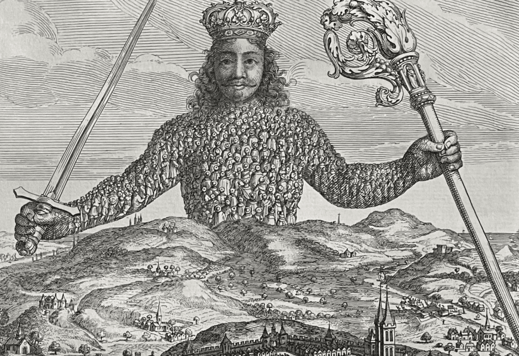 האיור המופיע בראש הספר "לווייתן" מאת תומאס הובס; חריטה מאת אברהם בוס.