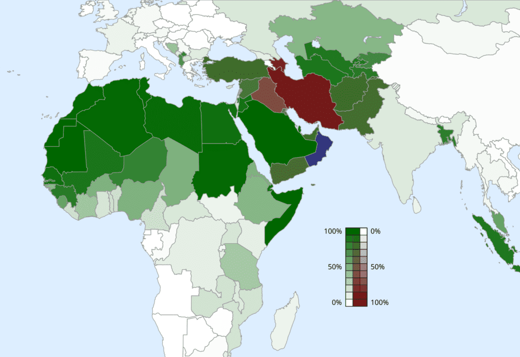 העולם המוסלמי. מקור: ויקיפדיה. נתונים מתוך ספר העובדות העולמי של ה-CIA (CIA World Factbook), סביבות שנת 2005.
