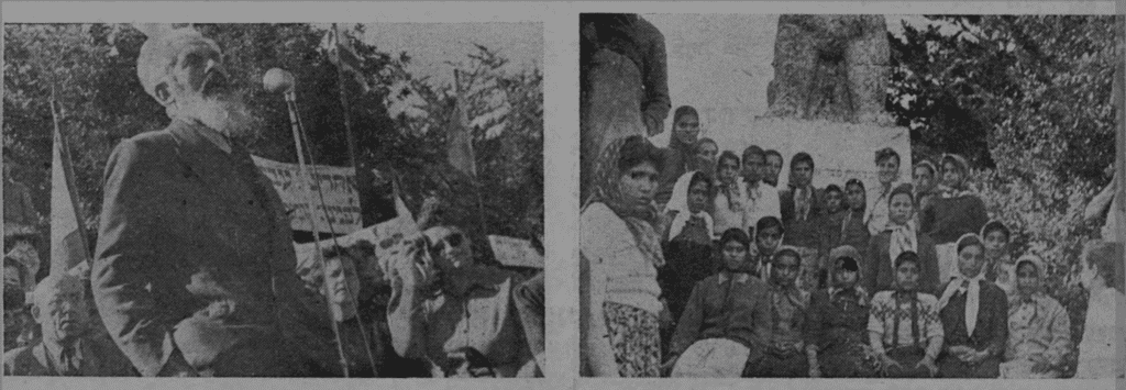 אליעזר קרול נואם בפני נערות יוצאות תימן, מול פסל האריה השואג. כתב העת פרוזדור, 9 מרץ 1950.